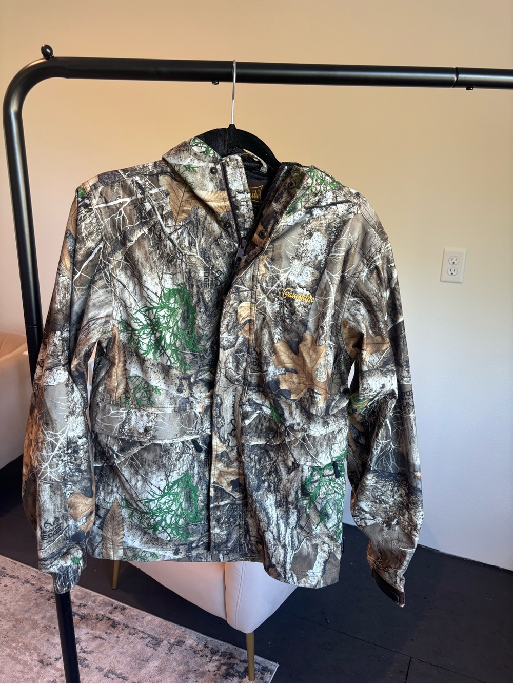Realtree Gamehide Camouflage Jacket with Yellow Logo and Black Lining